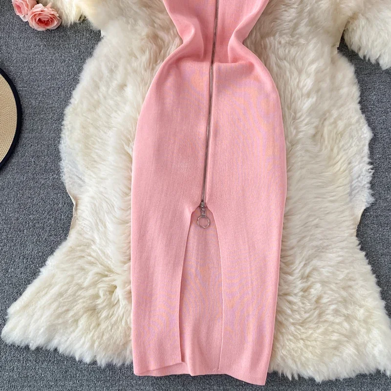 Zipple 2023 Sexy Summer Knit Strap Dress Women Tank Elatic Waist Bodycon Sundress Female Beach Split Backless Midi Dress
