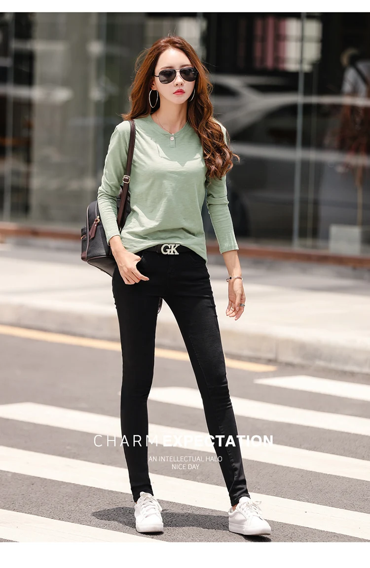2026 Long Sleeve Spring Women Slub Cotton T Shirts Female Button Green V-Neck Solid Color T-shirt Coffee Korean Soft Loose Tops