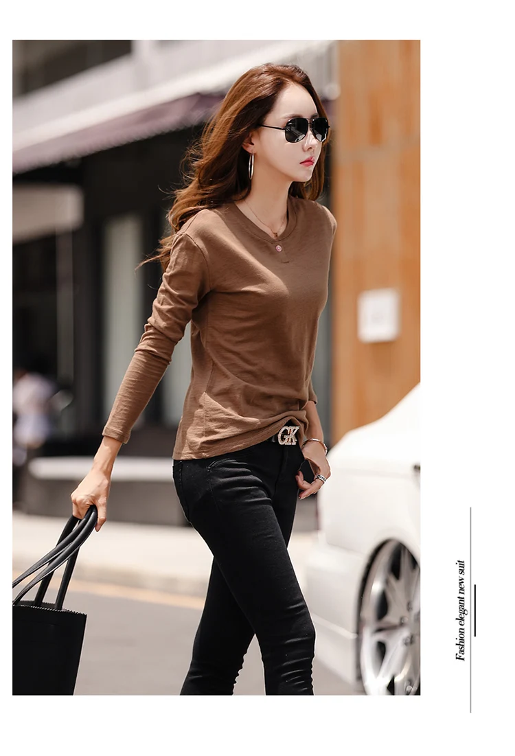 2026 Long Sleeve Spring Women Slub Cotton T Shirts Female Button Green V-Neck Solid Color T-shirt Coffee Korean Soft Loose Tops