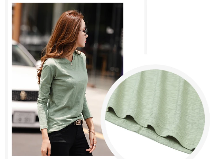 2026 Long Sleeve Spring Women Slub Cotton T Shirts Female Button Green V-Neck Solid Color T-shirt Coffee Korean Soft Loose Tops