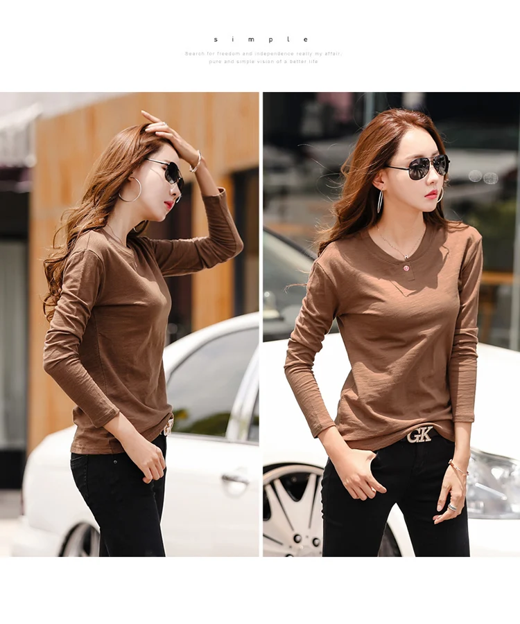 2026 Long Sleeve Spring Women Slub Cotton T Shirts Female Button Green V-Neck Solid Color T-shirt Coffee Korean Soft Loose Tops