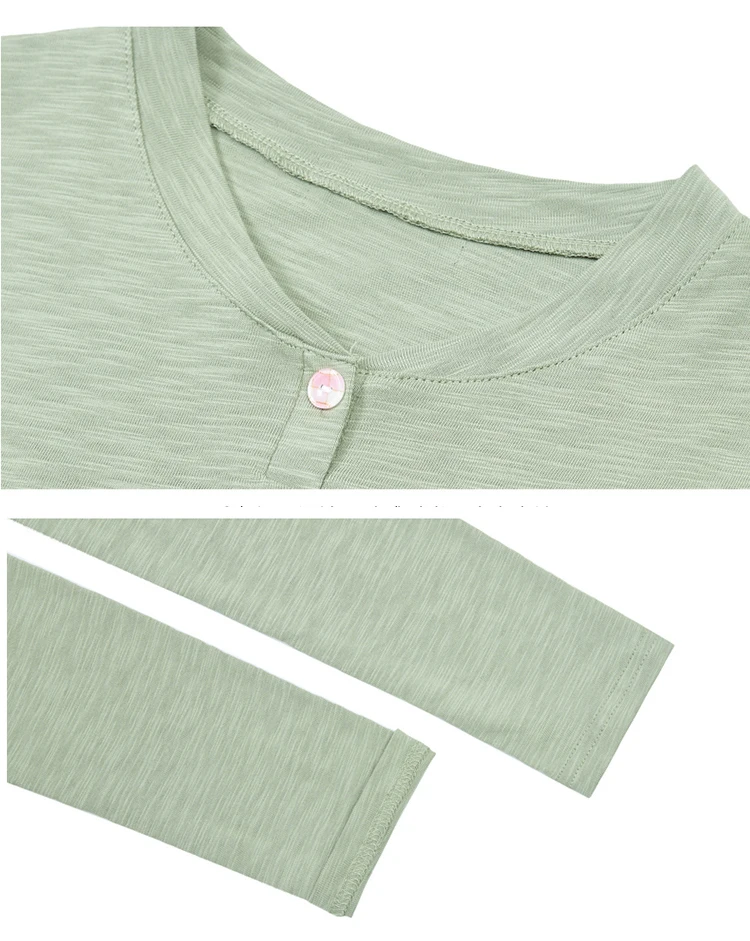 2026 Long Sleeve Spring Women Slub Cotton T Shirts Female Button Green V-Neck Solid Color T-shirt Coffee Korean Soft Loose Tops