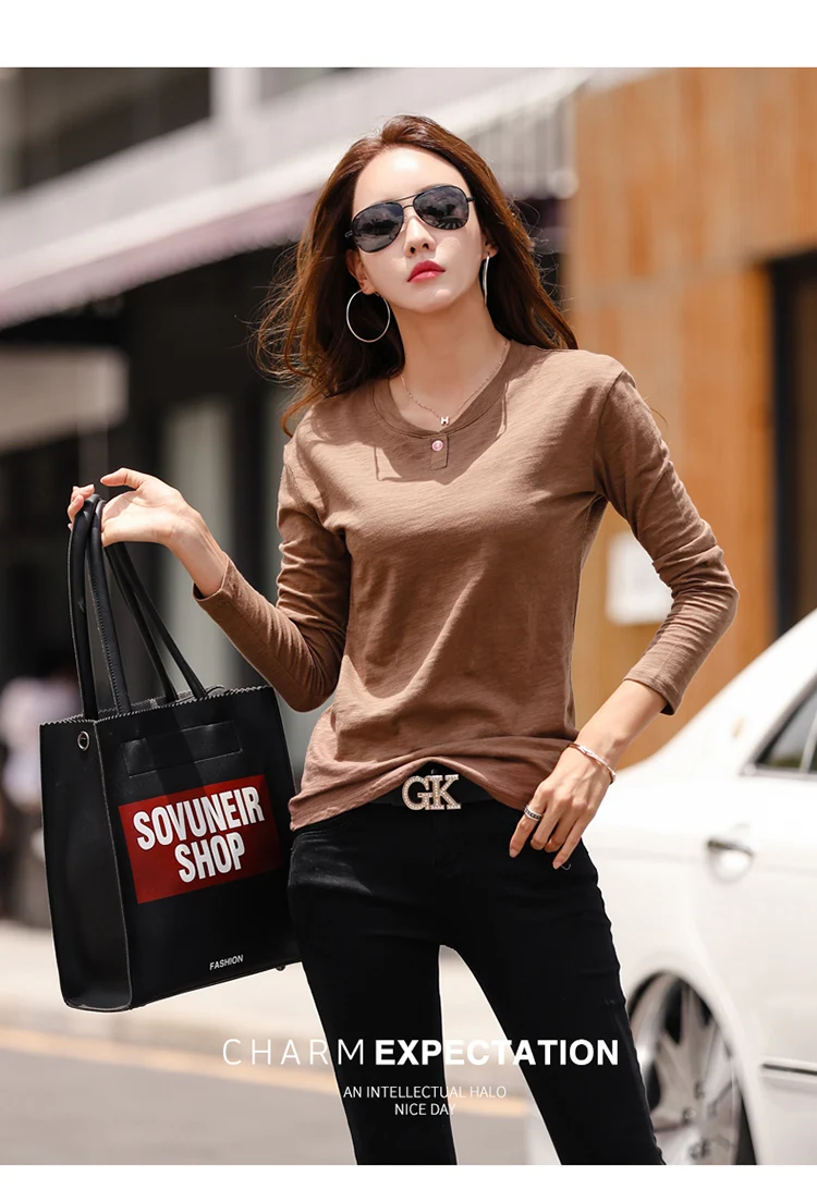 2026 Long Sleeve Spring Women Slub Cotton T Shirts Female Button Green V-Neck Solid Color T-shirt Coffee Korean Soft Loose Tops