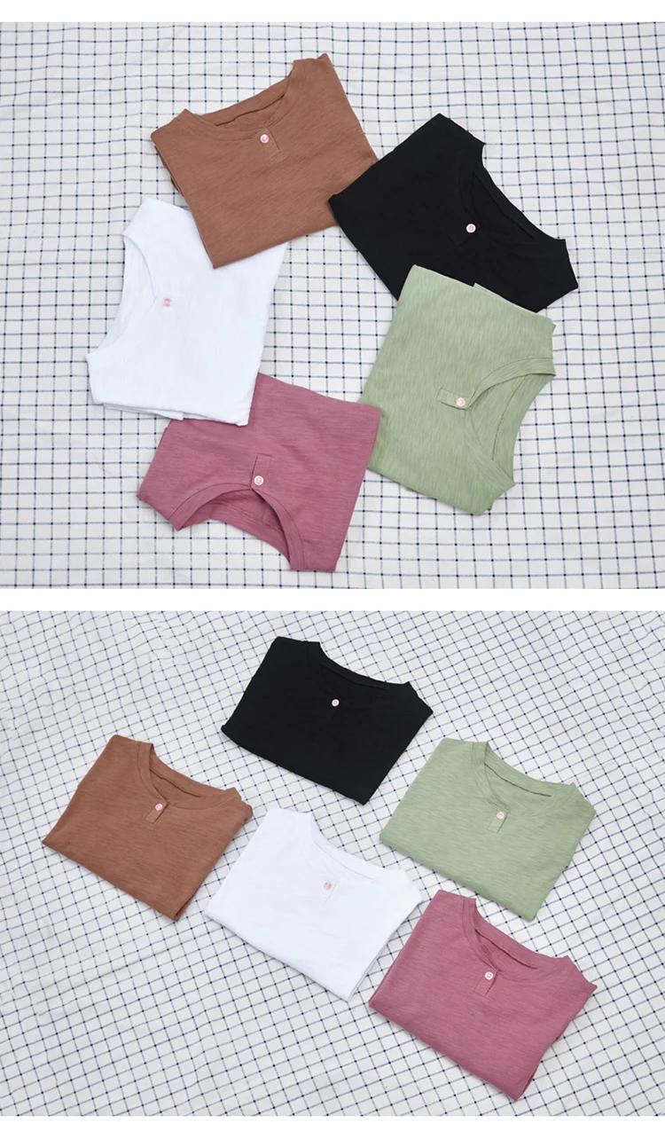 2026 Long Sleeve Spring Women Slub Cotton T Shirts Female Button Green V-Neck Solid Color T-shirt Coffee Korean Soft Loose Tops