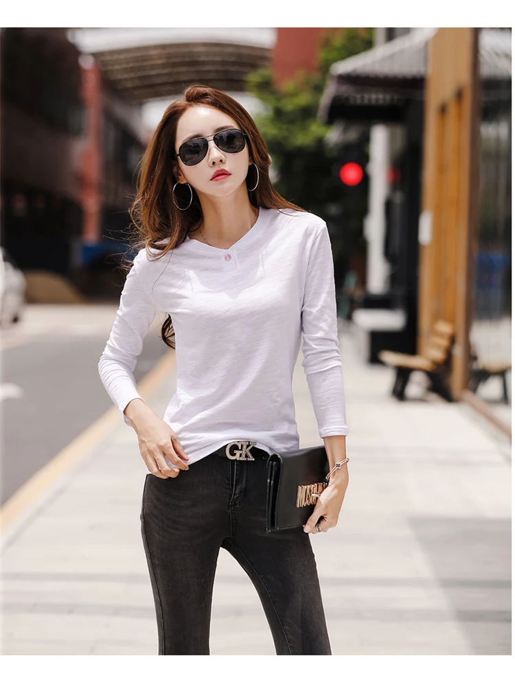2026 Long Sleeve Spring Women Slub Cotton T Shirts Female Button Green V-Neck Solid Color T-shirt Coffee Korean Soft Loose Tops