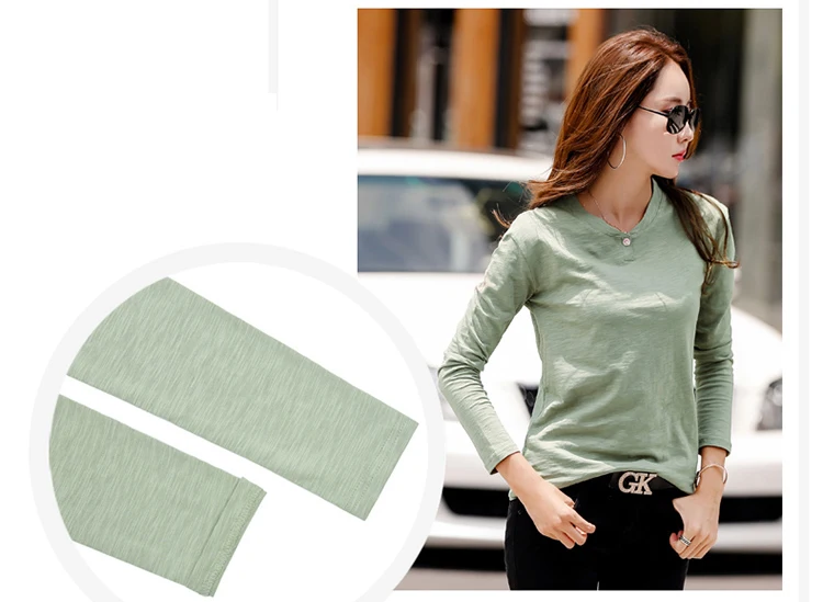 2026 Long Sleeve Spring Women Slub Cotton T Shirts Female Button Green V-Neck Solid Color T-shirt Coffee Korean Soft Loose Tops