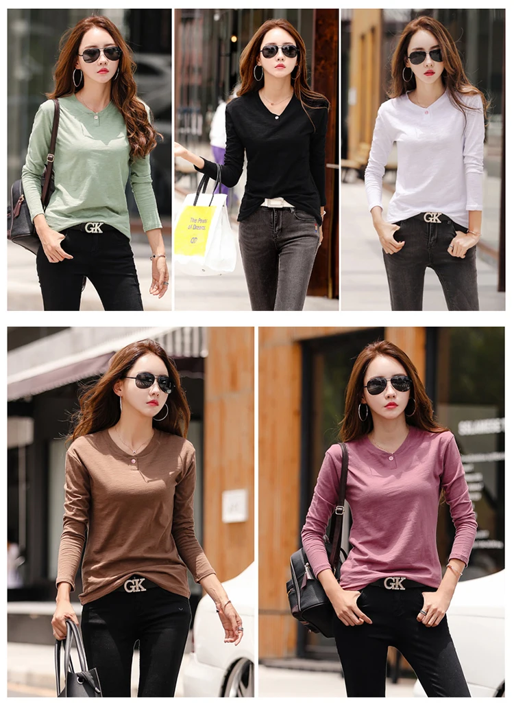 2026 Long Sleeve Spring Women Slub Cotton T Shirts Female Button Green V-Neck Solid Color T-shirt Coffee Korean Soft Loose Tops