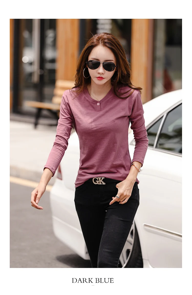2026 Long Sleeve Spring Women Slub Cotton T Shirts Female Button Green V-Neck Solid Color T-shirt Coffee Korean Soft Loose Tops