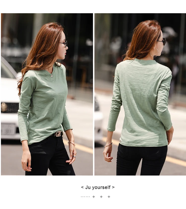 2026 Long Sleeve Spring Women Slub Cotton T Shirts Female Button Green V-Neck Solid Color T-shirt Coffee Korean Soft Loose Tops