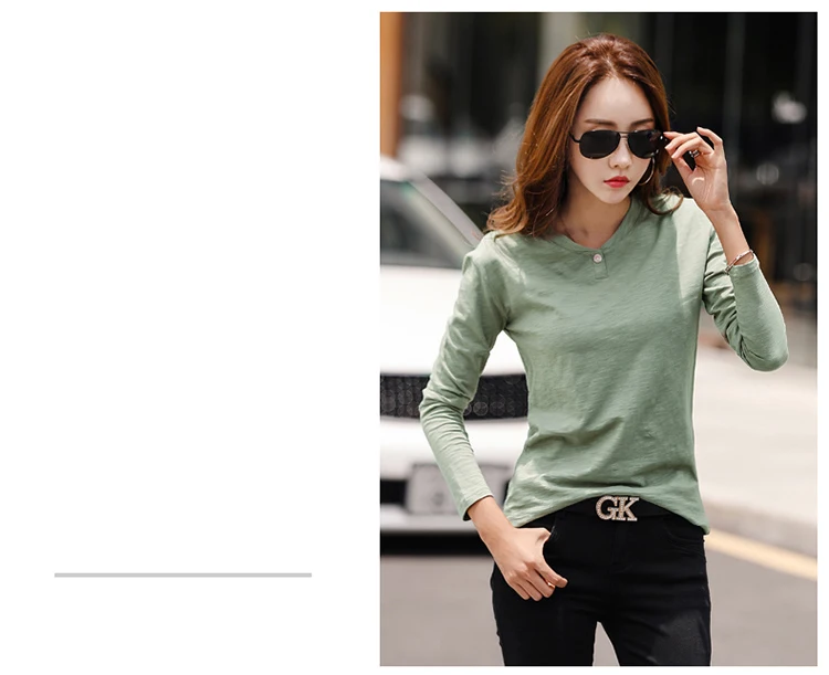 2026 Long Sleeve Spring Women Slub Cotton T Shirts Female Button Green V-Neck Solid Color T-shirt Coffee Korean Soft Loose Tops