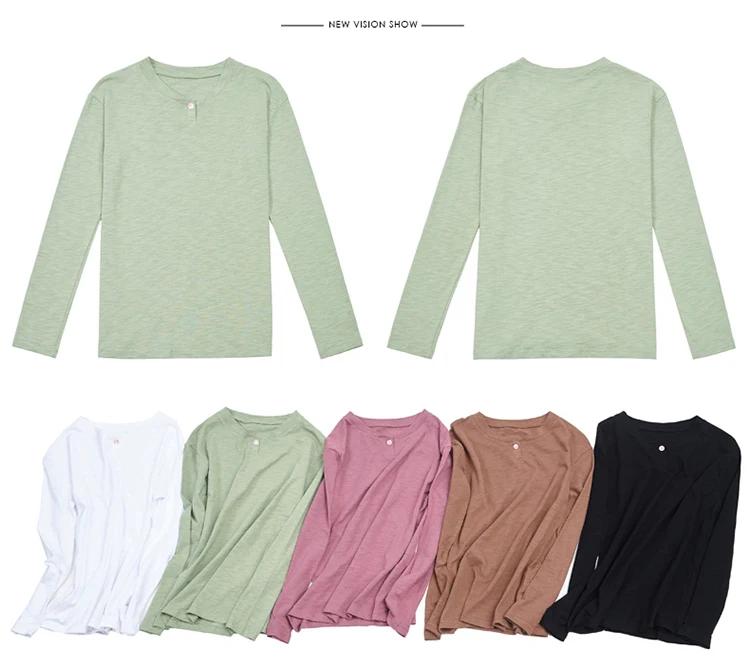 2026 Long Sleeve Spring Women Slub Cotton T Shirts Female Button Green V-Neck Solid Color T-shirt Coffee Korean Soft Loose Tops