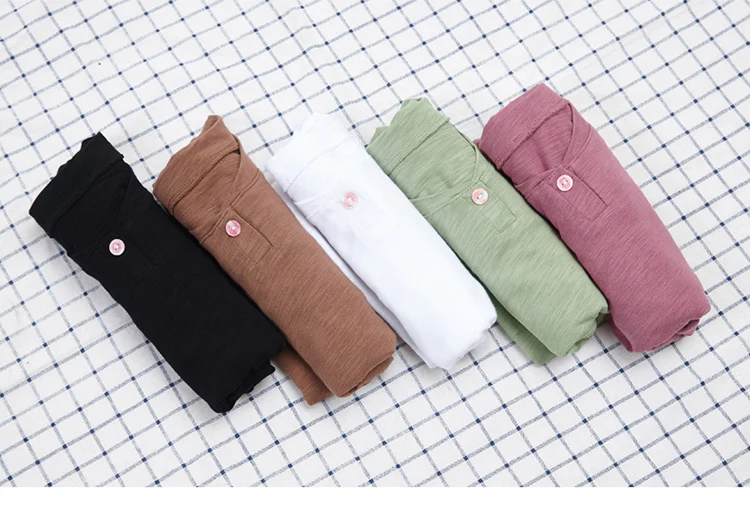 2026 Long Sleeve Spring Women Slub Cotton T Shirts Female Button Green V-Neck Solid Color T-shirt Coffee Korean Soft Loose Tops