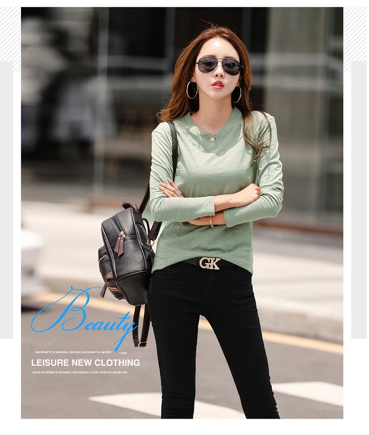 2026 Long Sleeve Spring Women Slub Cotton T Shirts Female Button Green V-Neck Solid Color T-shirt Coffee Korean Soft Loose Tops