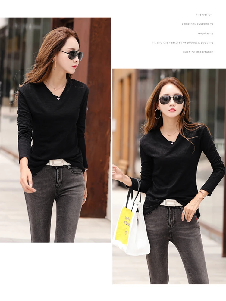 2026 Long Sleeve Spring Women Slub Cotton T Shirts Female Button Green V-Neck Solid Color T-shirt Coffee Korean Soft Loose Tops