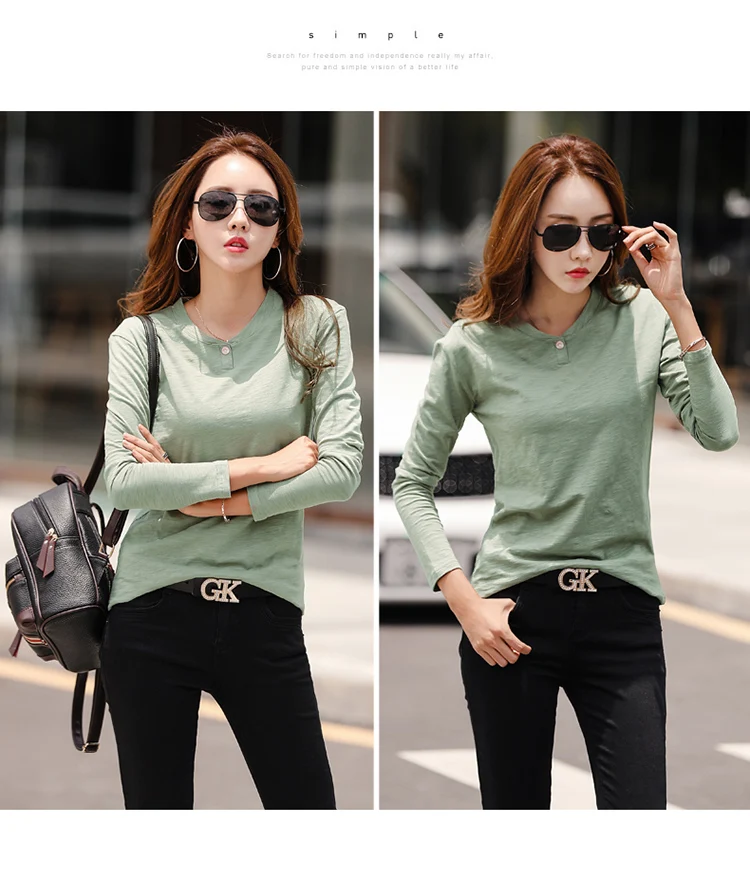 2026 Long Sleeve Spring Women Slub Cotton T Shirts Female Button Green V-Neck Solid Color T-shirt Coffee Korean Soft Loose Tops
