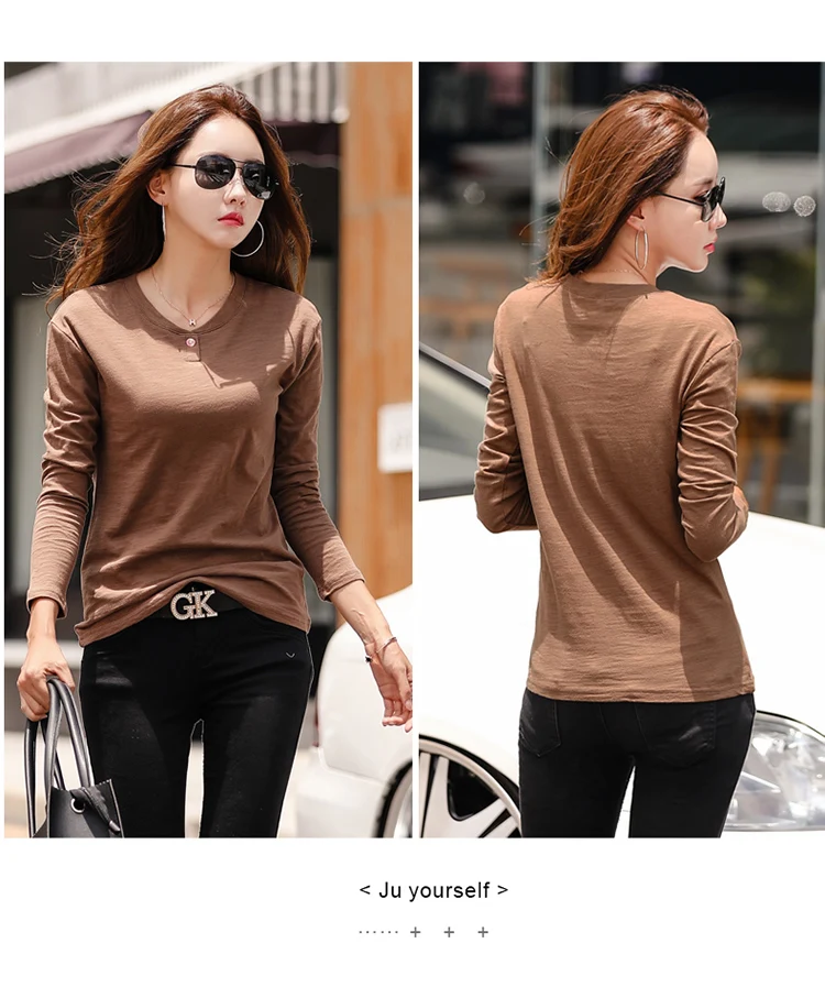 2026 Long Sleeve Spring Women Slub Cotton T Shirts Female Button Green V-Neck Solid Color T-shirt Coffee Korean Soft Loose Tops