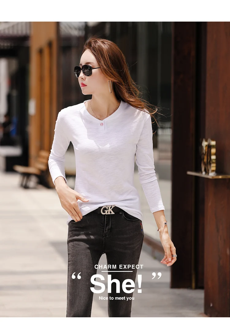 2026 Long Sleeve Spring Women Slub Cotton T Shirts Female Button Green V-Neck Solid Color T-shirt Coffee Korean Soft Loose Tops