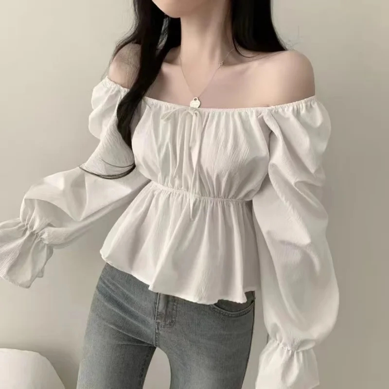2025 Fashion New Ruffle White Long Sleeved Women's Blouses Square Neck Sexy Short Shirt Korean Style Flare Sleeve Sweet Tops