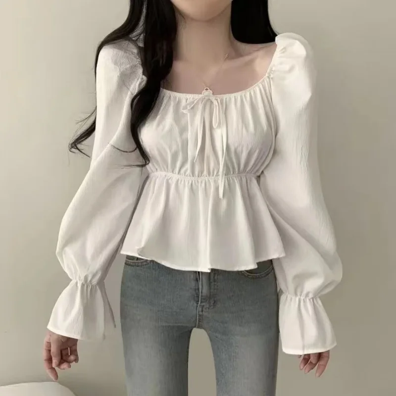 2025 Fashion New Ruffle White Long Sleeved Women's Blouses Square Neck Sexy Short Shirt Korean Style Flare Sleeve Sweet Tops