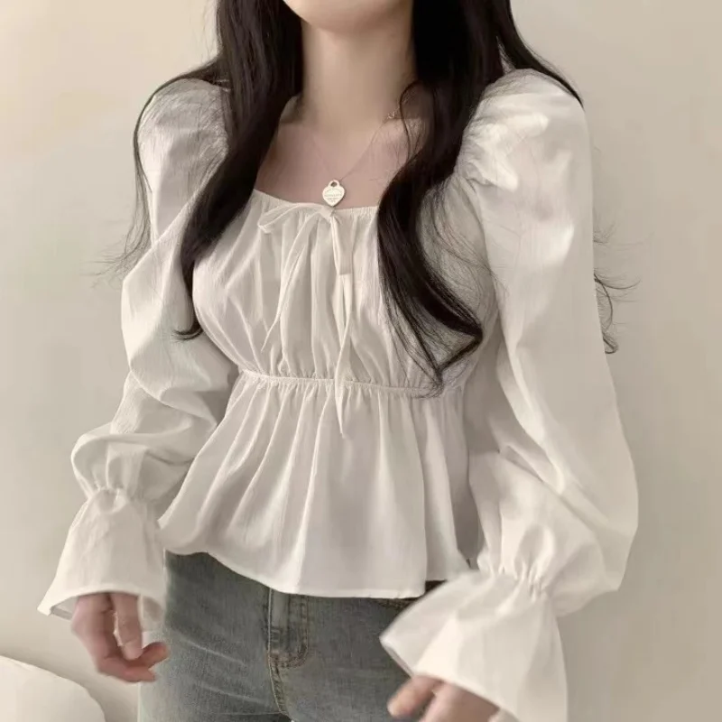 2025 Fashion New Ruffle White Long Sleeved Women's Blouses Square Neck Sexy Short Shirt Korean Style Flare Sleeve Sweet Tops