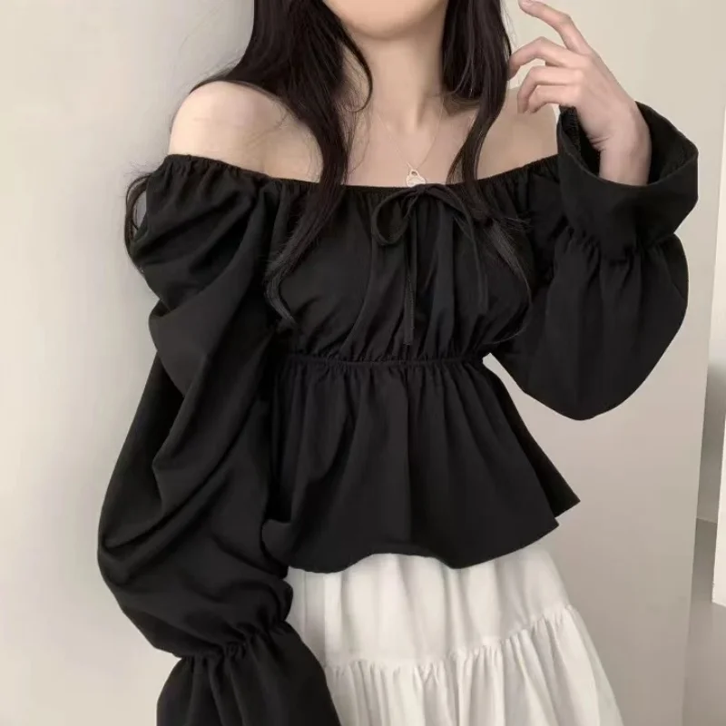 2025 Fashion New Ruffle White Long Sleeved Women's Blouses Square Neck Sexy Short Shirt Korean Style Flare Sleeve Sweet Tops