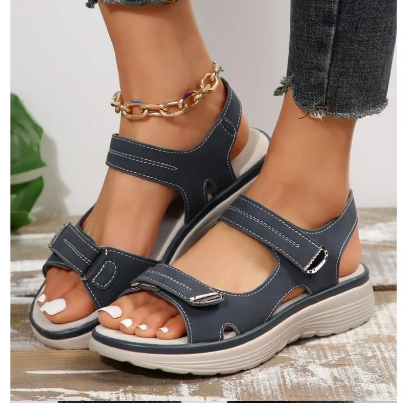 New Brand Hook Loop Sandals Women Summer Leather Light Leisure Wedge Platform Shoes Blue Girls Outside Anti-slide Apricot 42