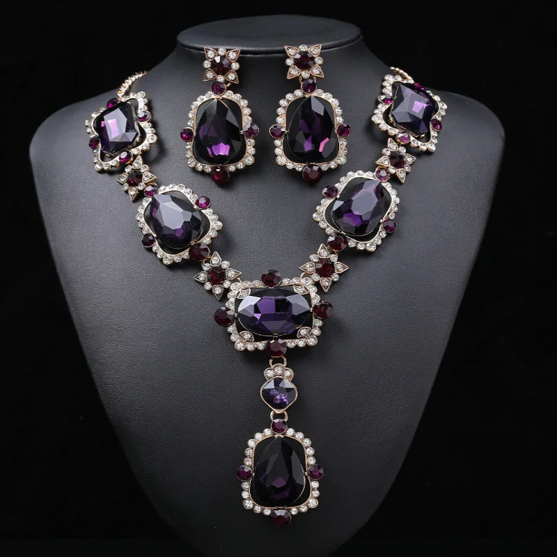 Royal Jewelry Set Wedding Statement Chunky Crystal Drop Earrings and Amethyst Purple Rhinestone Choker Necklace for Women
