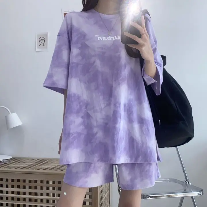 Women T-Shirt Shorts Suit Set Casual Tie Dye Loose Tshirt and Wide Leg Middle Shorts with Pockets Female Soft Summer Shorts Sets