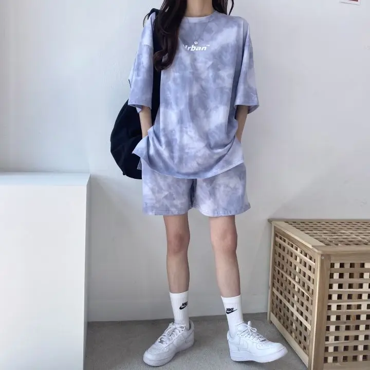 Women T-Shirt Shorts Suit Set Casual Tie Dye Loose Tshirt and Wide Leg Middle Shorts with Pockets Female Soft Summer Shorts Sets