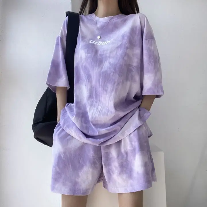 Women T-Shirt Shorts Suit Set Casual Tie Dye Loose Tshirt and Wide Leg Middle Shorts with Pockets Female Soft Summer Shorts Sets