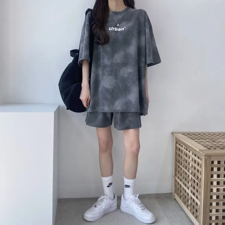 Women T-Shirt Shorts Suit Set Casual Tie Dye Loose Tshirt and Wide Leg Middle Shorts with Pockets Female Soft Summer Shorts Sets