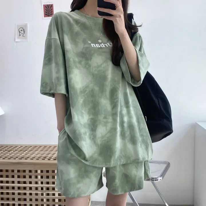 Women T-Shirt Shorts Suit Set Casual Tie Dye Loose Tshirt and Wide Leg Middle Shorts with Pockets Female Soft Summer Shorts Sets