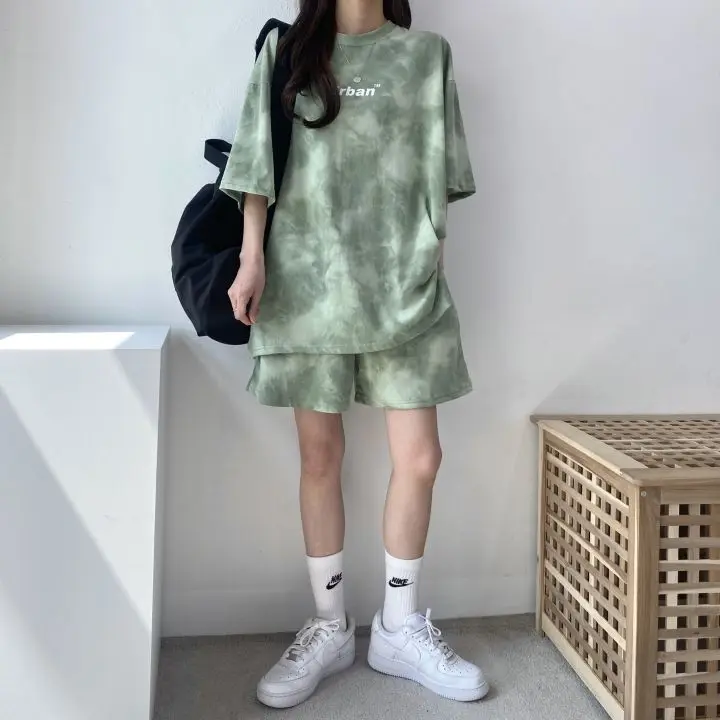 Women T-Shirt Shorts Suit Set Casual Tie Dye Loose Tshirt and Wide Leg Middle Shorts with Pockets Female Soft Summer Shorts Sets