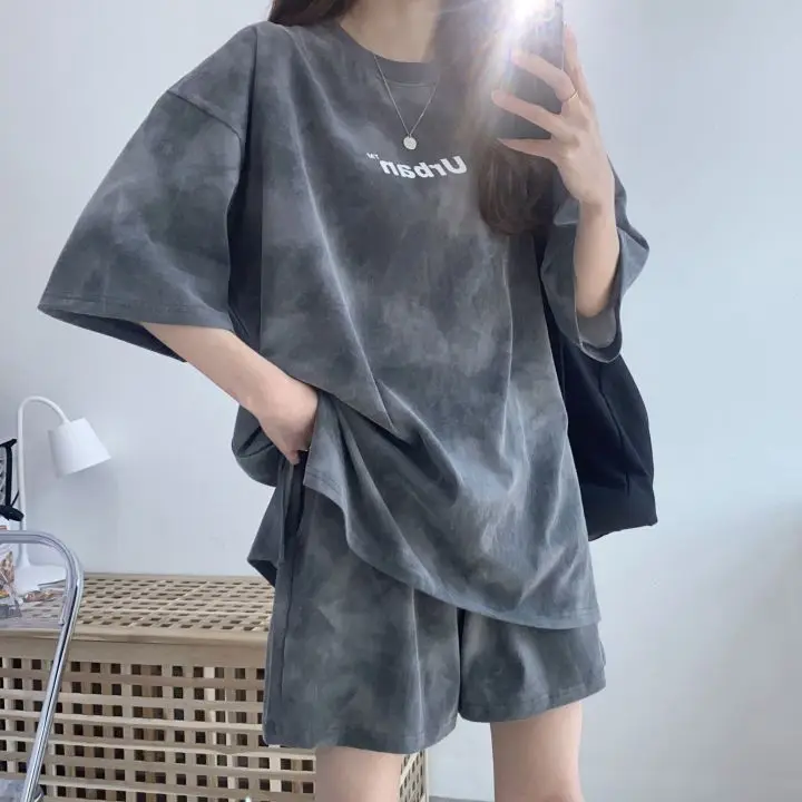 Women T-Shirt Shorts Suit Set Casual Tie Dye Loose Tshirt and Wide Leg Middle Shorts with Pockets Female Soft Summer Shorts Sets