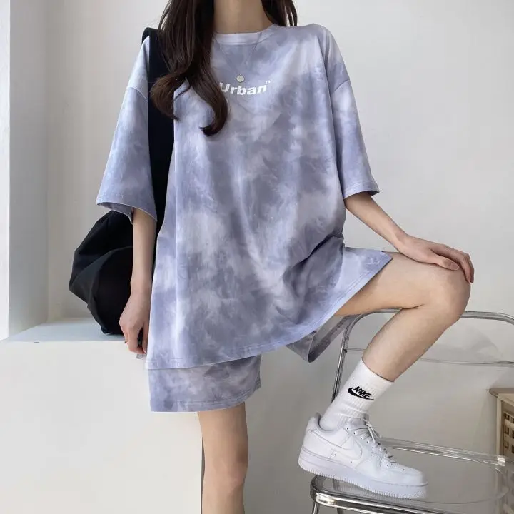 Women T-Shirt Shorts Suit Set Casual Tie Dye Loose Tshirt and Wide Leg Middle Shorts with Pockets Female Soft Summer Shorts Sets