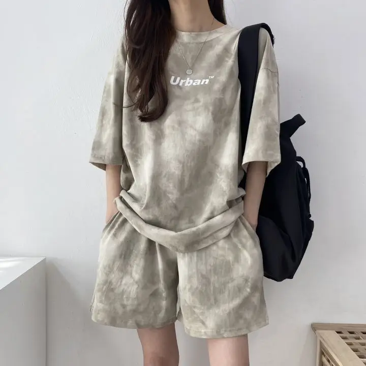 Women T-Shirt Shorts Suit Set Casual Tie Dye Loose Tshirt and Wide Leg Middle Shorts with Pockets Female Soft Summer Shorts Sets