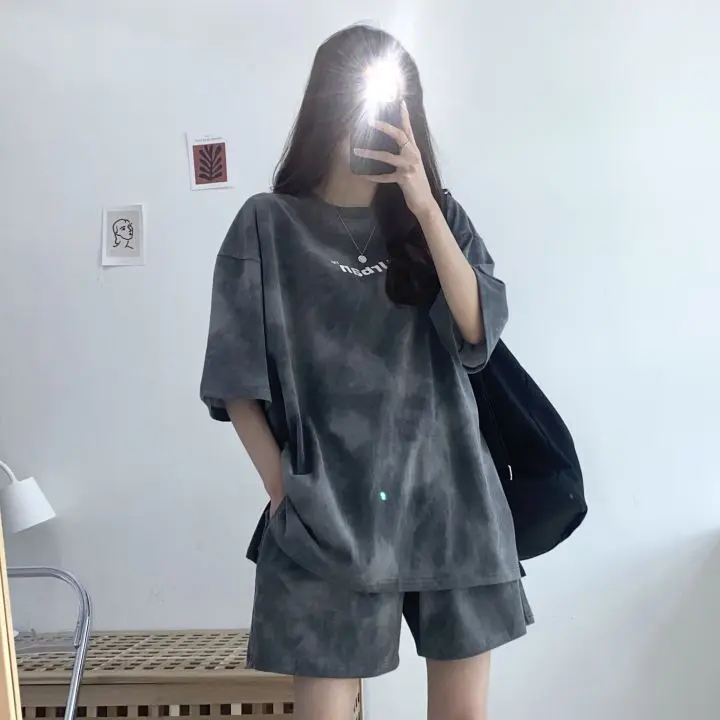 Women T-Shirt Shorts Suit Set Casual Tie Dye Loose Tshirt and Wide Leg Middle Shorts with Pockets Female Soft Summer Shorts Sets