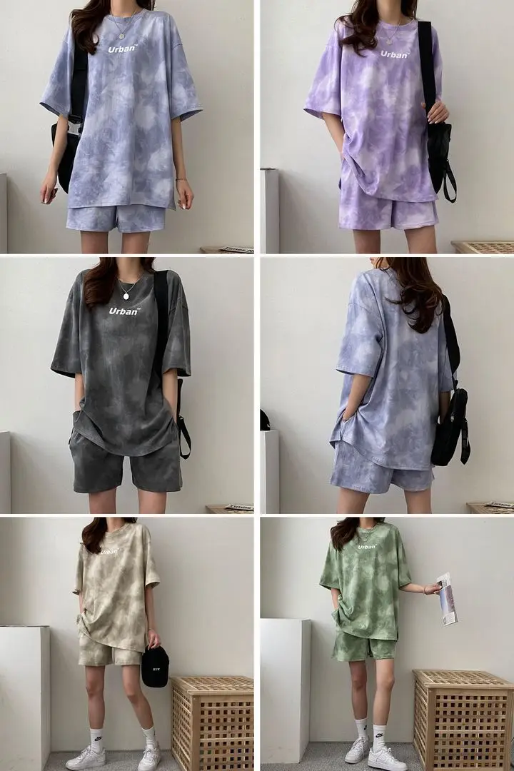 Women T-Shirt Shorts Suit Set Casual Tie Dye Loose Tshirt and Wide Leg Middle Shorts with Pockets Female Soft Summer Shorts Sets