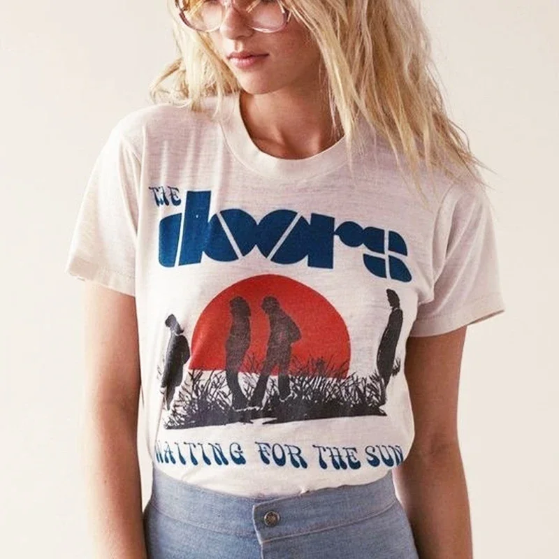 323Doors Sun Print Graphic Tee Short Sleeve Women Kawaii Top Casual Y2k Vintage Aesthetic Streetwear Female Clothes