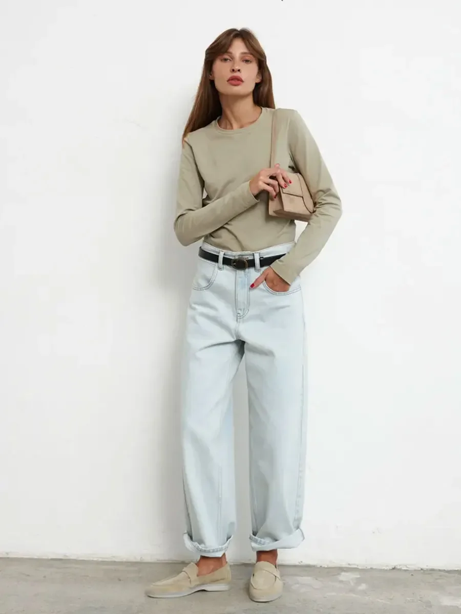 Bornladies Women's Spring Autumn 100% Cotton T-shirt Bottoming Basic Solid Lady Long Sleeve Loose Tops Shirts Oversized T Shirt