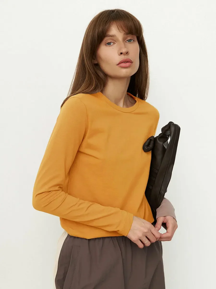 Bornladies Women's Spring Autumn 100% Cotton T-shirt Bottoming Basic Solid Lady Long Sleeve Loose Tops Shirts Oversized T Shirt