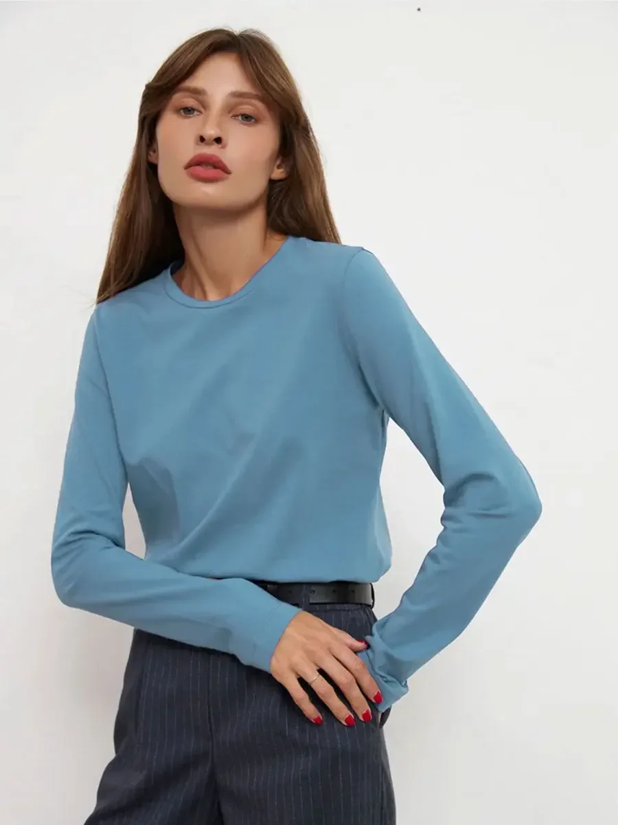 Bornladies Women's Spring Autumn 100% Cotton T-shirt Bottoming Basic Solid Lady Long Sleeve Loose Tops Shirts Oversized T Shirt