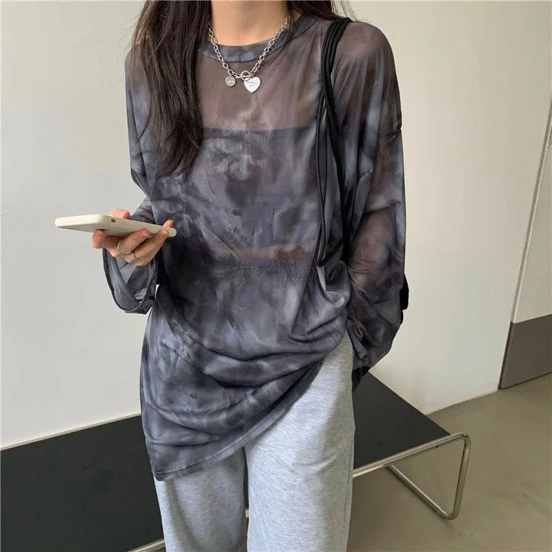 T-shirt Women Tie Dye Long Sleeve Ladies Spring Loose High Street Stylish Thin Leisure Minimalist Harajuku Ins Comfortable Chic