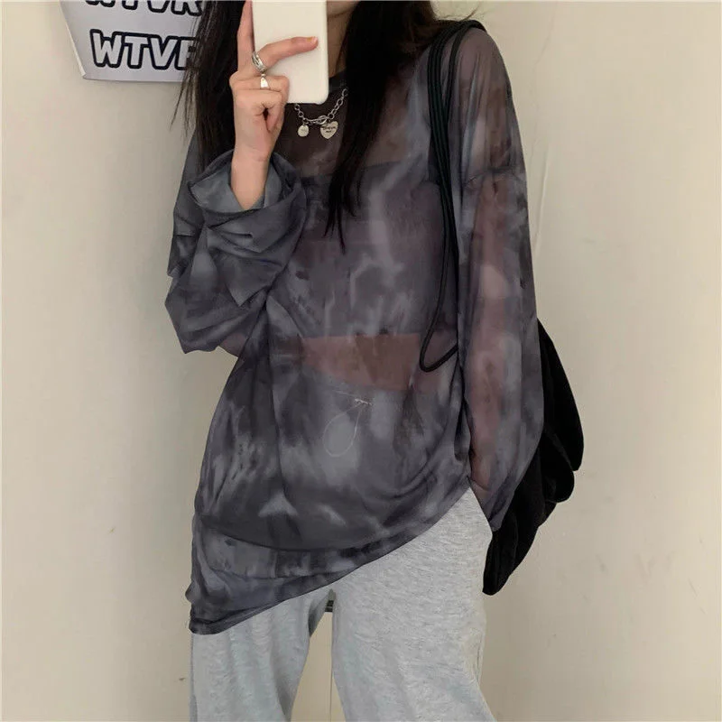 T-shirt Women Tie Dye Long Sleeve Ladies Spring Loose High Street Stylish Thin Leisure Minimalist Harajuku Ins Comfortable Chic