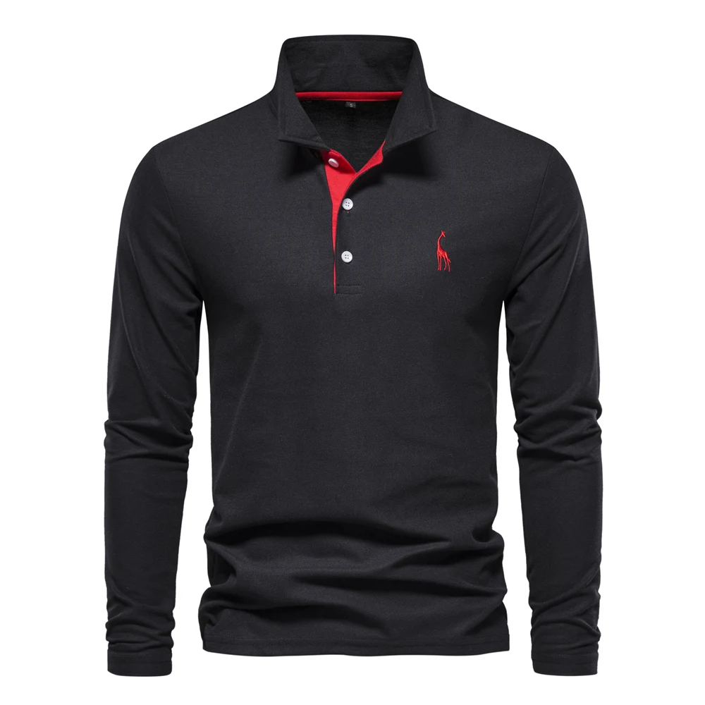 AIOPESON 2023 New Men's Deer Embroidery Polo Shirts Solid Color Long Sleeve Social Business Male