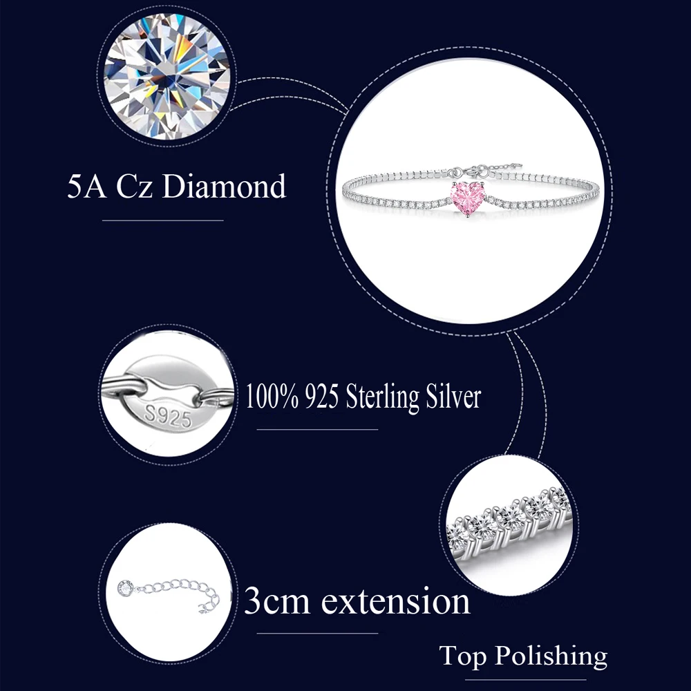 QooLady 925 Sterling Silver Tennis Chain Bracelets for Women Love Heart Pink Cubic Zircon Party Valentine Day Jewelry Gift SB017