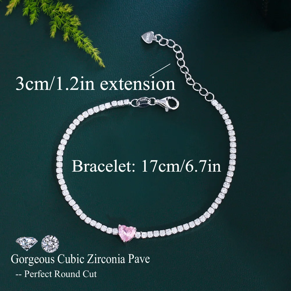 QooLady 925 Sterling Silver Tennis Chain Bracelets for Women Love Heart Pink Cubic Zircon Party Valentine Day Jewelry Gift SB017