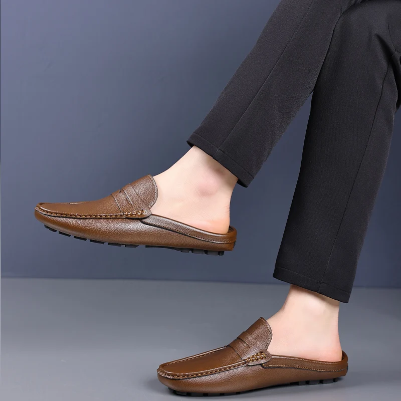 YRZL Loafers Summer Slip on Half Shoes for Men Leather Slippers Casual Breathable Comfy Loafers Moccasins Brown Black Beige