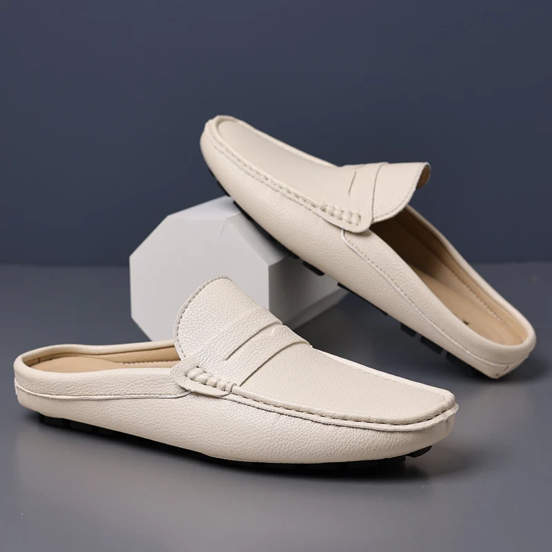 YRZL Loafers Summer Slip on Half Shoes for Men Leather Slippers Casual Breathable Comfy Loafers Moccasins Brown Black Beige