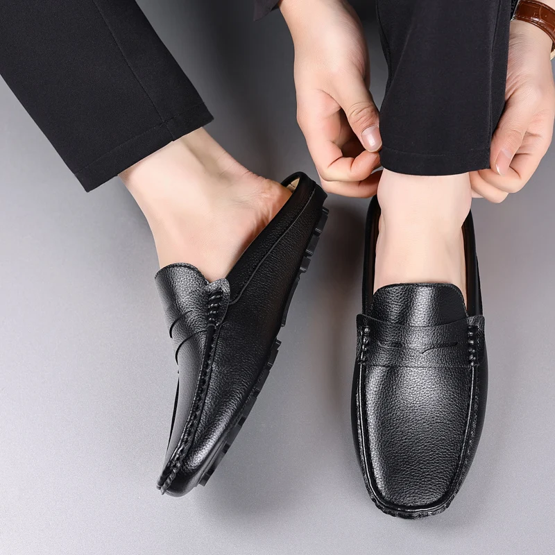 YRZL Loafers Summer Slip on Half Shoes for Men Leather Slippers Casual Breathable Comfy Loafers Moccasins Brown Black Beige